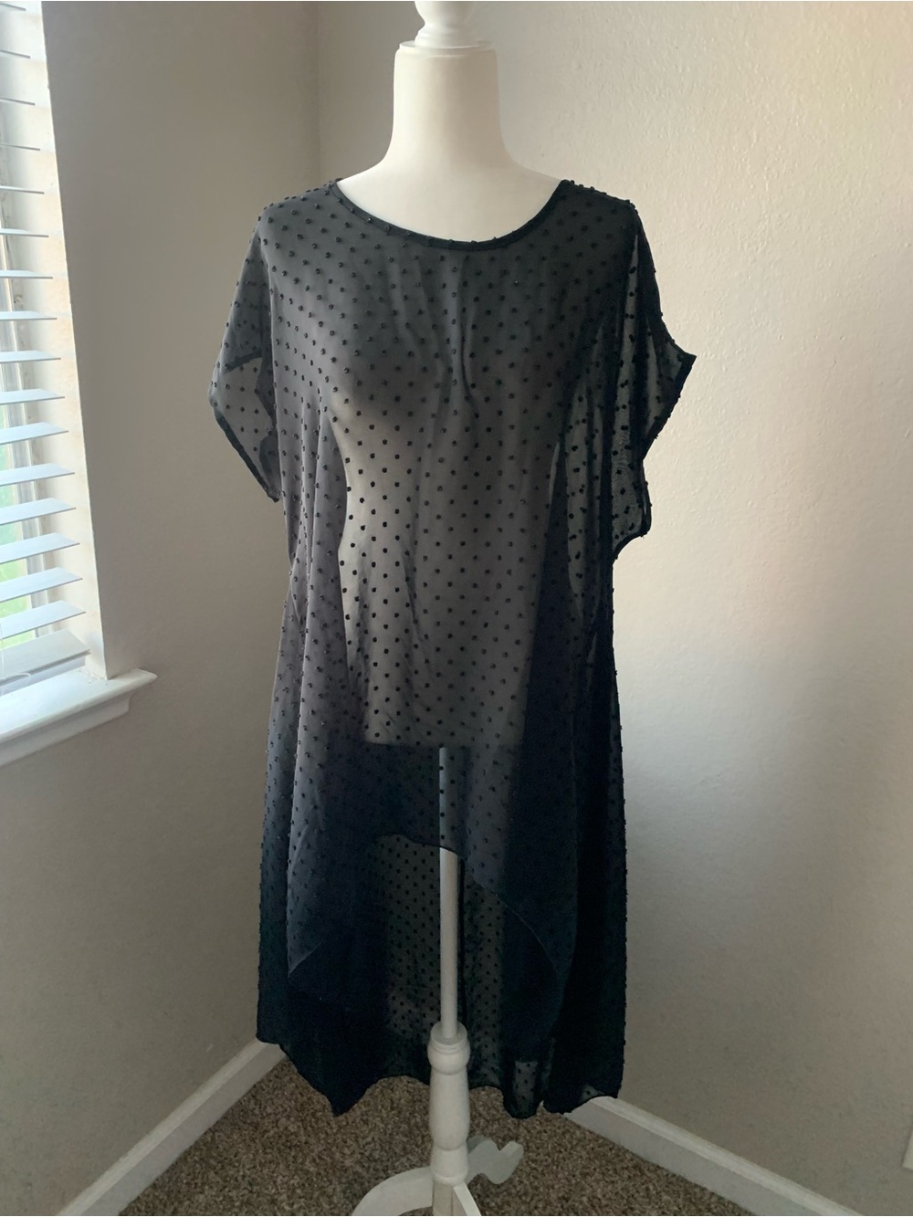 cha cha vente Black Sheer Swiss Dot High-Low Dress